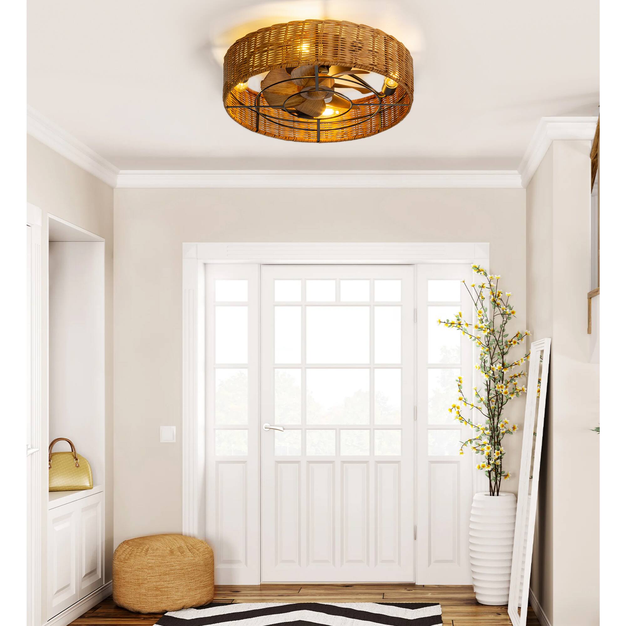 Alt View 2. Breezary - 19" Indoor Caged Rattan Ceiling Fan with LED Light, 7 ABS Blades, 6-Speed DC Motor, Remote Control with Timer - Matte Black and Brown.