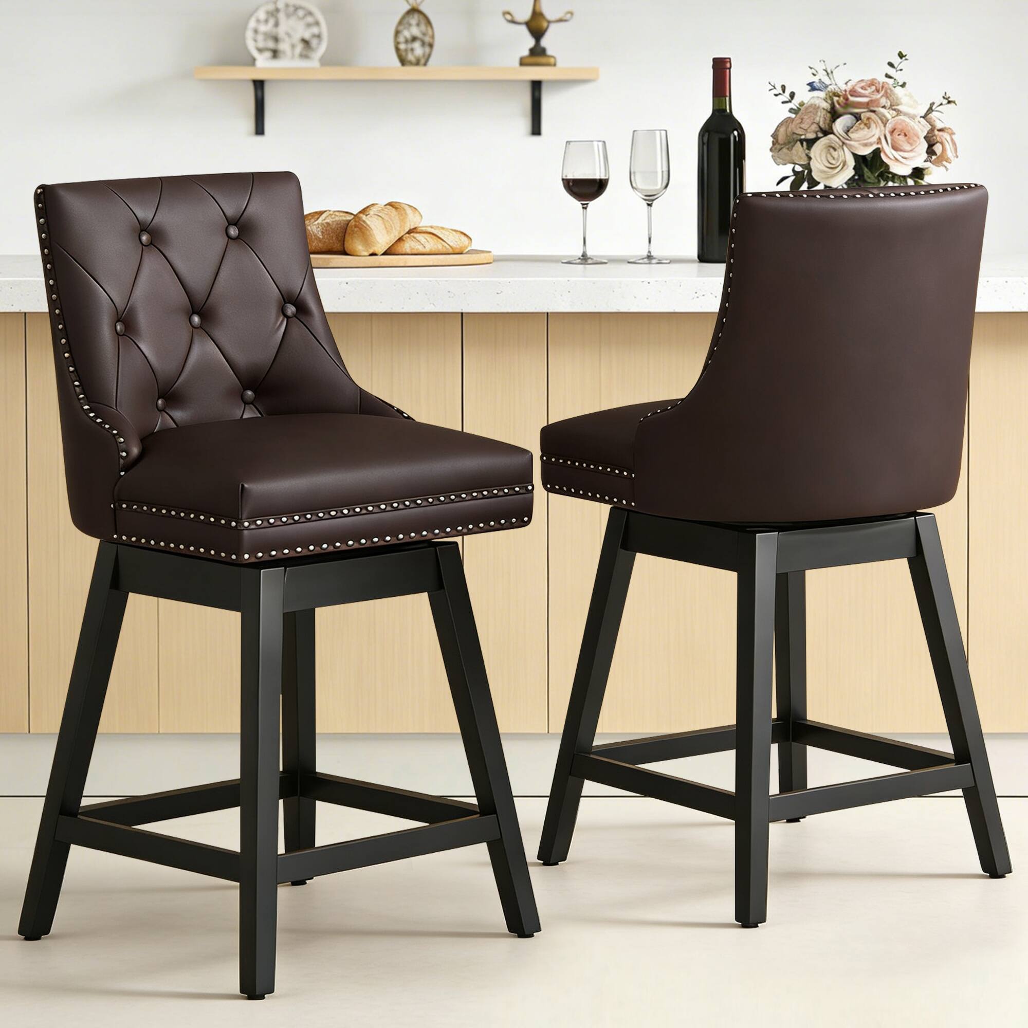 Alt View 5. KERDOM - Swivel Bar Stools with Backs, 26" Counter Barstools Set of 2, PU Leather Upholstered Kitchen Island Chairs for Home Bar - Brown.