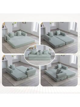 Trinkets Crazed - Convertible Sleeper Sofa Bed With 2 Pillows, 78.5" Corduroy Folding Mattress Couch With Fixed-Shape Frame - Mint Blue
