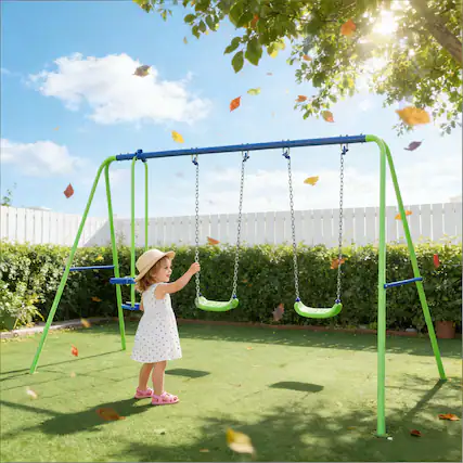 Front. Siljoy - Heavy‑Duty Metal Swing Set with 2 Seats & Glider, 396lb Capacity, Adjustable Height, Blue/Green, for Backyard - Blue,Green.