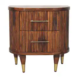 Artisan Furniture - Solid Wood Ribbed Bedside with Brass Handles, 2 Drawers - Brown