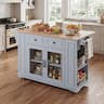 Whisen - Mobile Kitchen Island with Glass Door Cabinets, Power Outlet, and Storage Shelves - Blue Gray