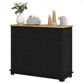 Homcom - Storage Cabinet, Sideboard Floor Cupboard with Solid Wood Top, Adjustable Shelf, and 3 Drawers - Black Wood Grain