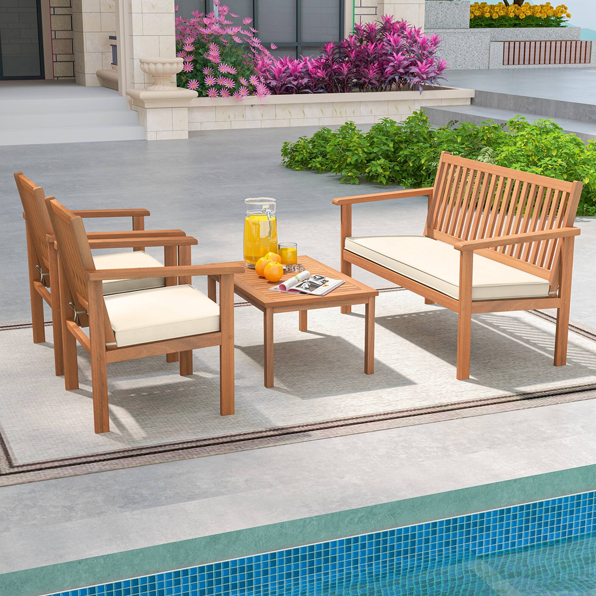Alt View 7. Costway - 4 PCS Patio Wood Furniture Set with Loveseat, 2 Chairs & Coffee Table for Porch - Natural + White.