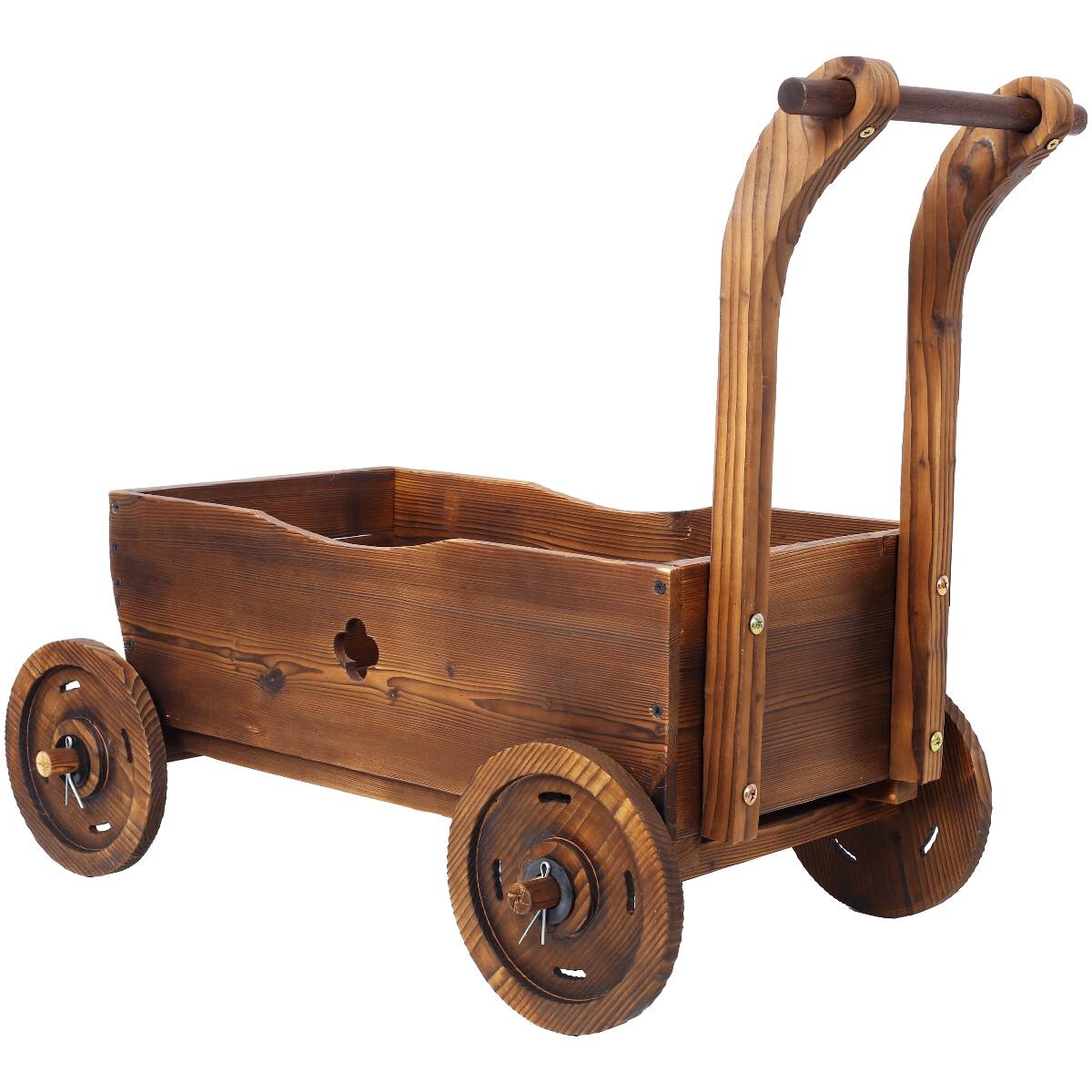 Alt View 2. Loheer - Loheer Wooden Wagon Planter with Wheels, Carbonized Fir Wood Flower Cart with Handle and Drainage, Brown.
