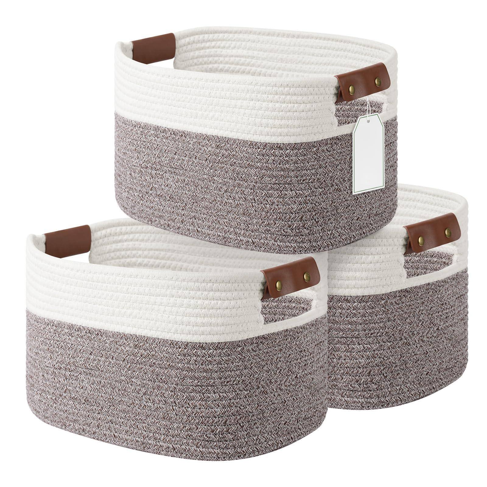 Front. Dapper Styles - Cotton Rope Basket Storage Baskets With Handle Woven For Shelves Laundry Towels Clothes Books Toys - White/Brown-3 Pack-15x10x9 inches.