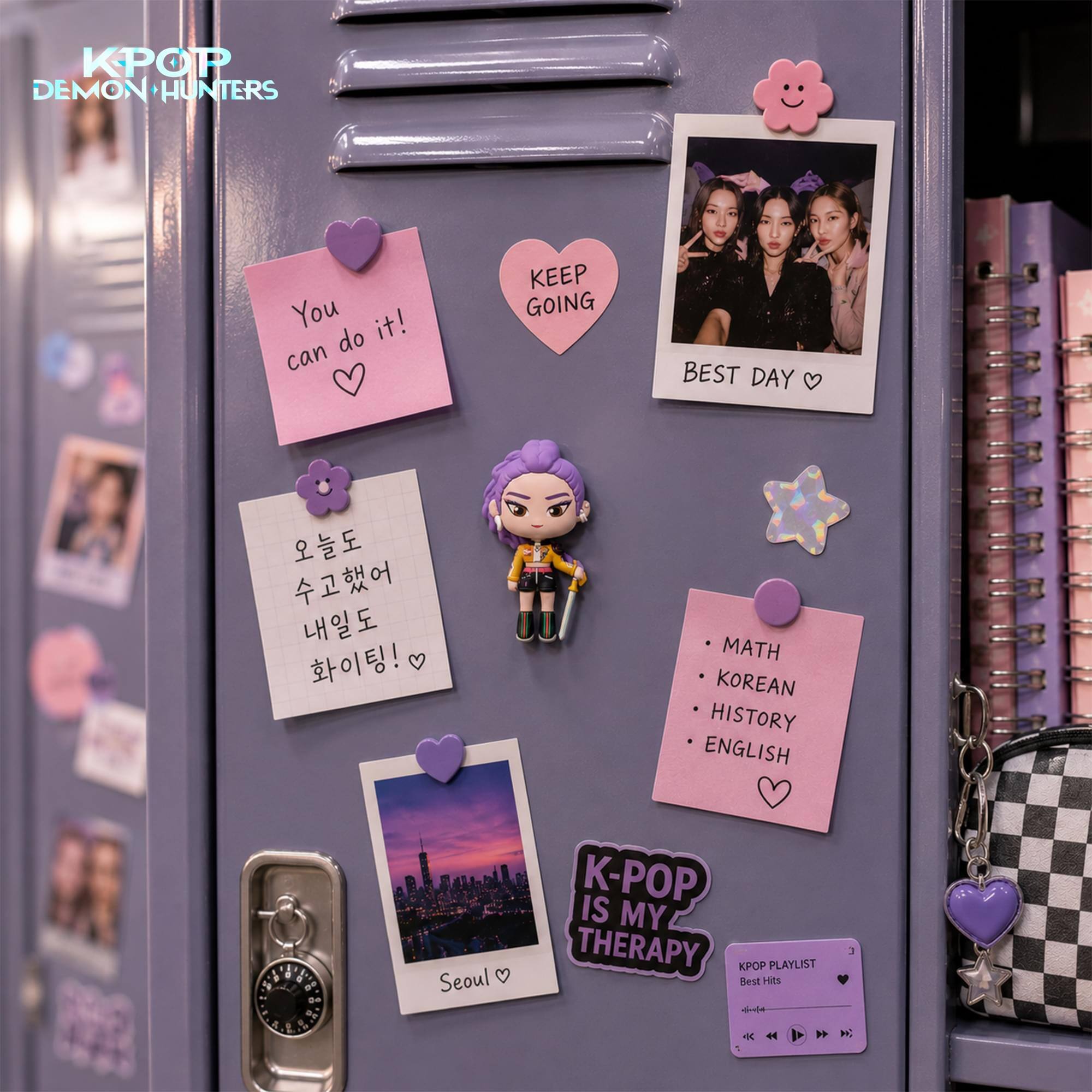 KPOP DEMON HUNTERS

You can do it!  
KEEP GOING  
BEST DAY

MATH  
KOREAN  
HISTORY  
ENGLISH

K-POP IS MY THERAPY  
KPOP PLAYLIST  
Best Hits

Seoul
