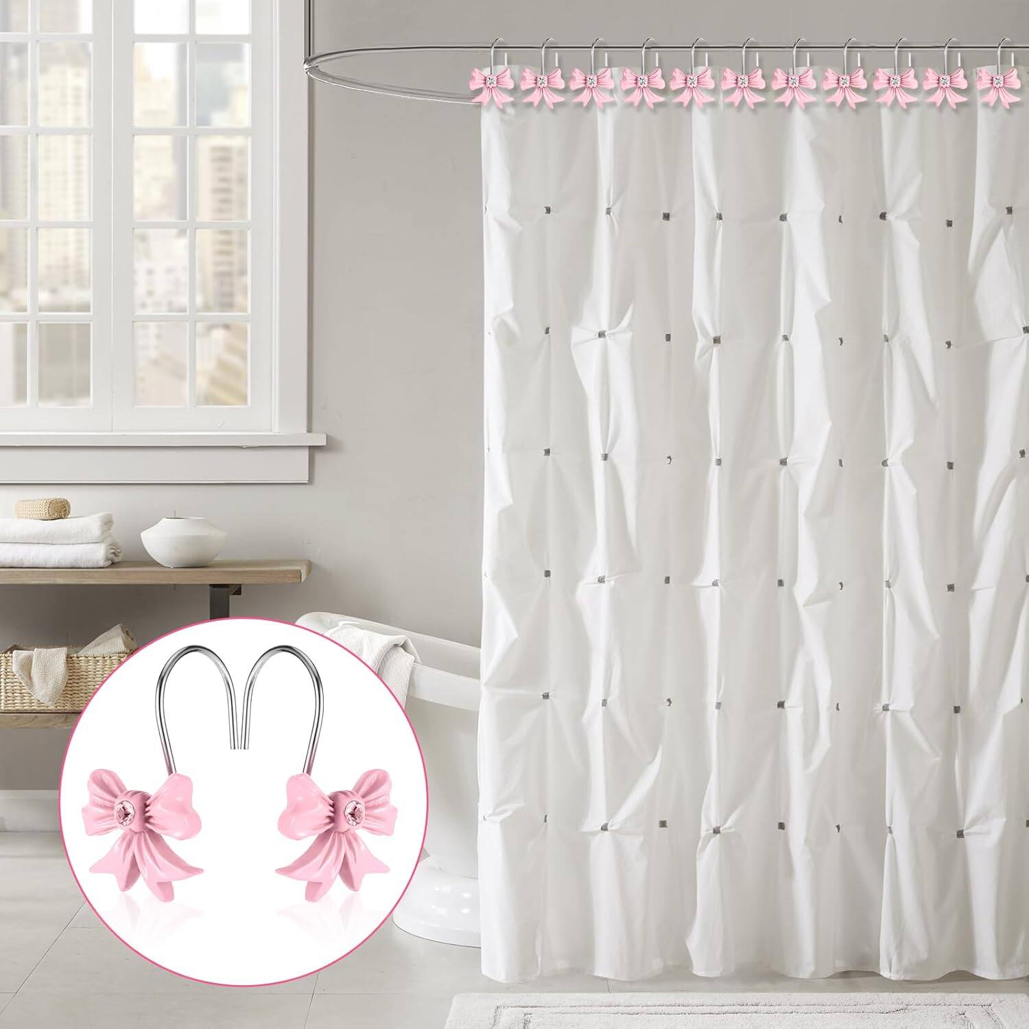 Alt View 1. Acteck - 12 Pcs Bow Shower Curtain Hooks, Resin Pink Shower Curtain Hooks Rustproof Stainless Steel, Cute Bow Bathroom Decor - Pink.