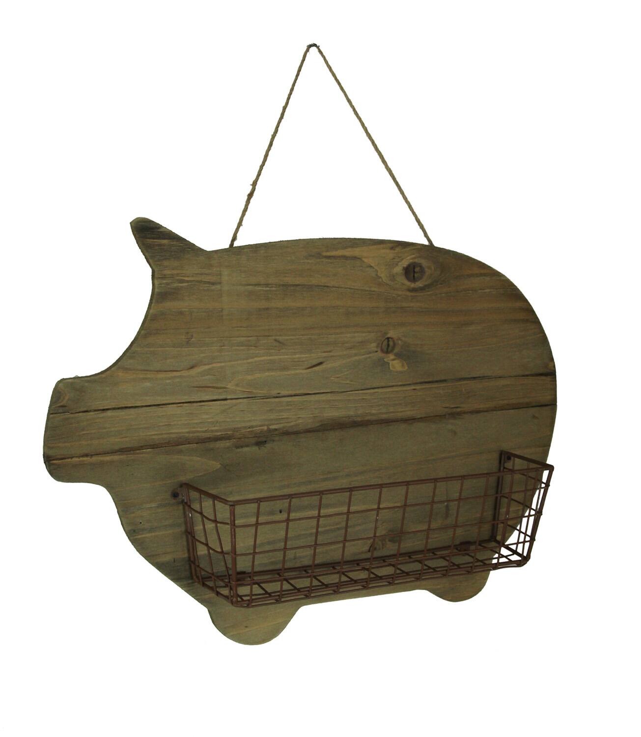 Front. Zeckos - Rustic Wood Farmhouse Pig and Metal Wire Wall Basket - Brown.