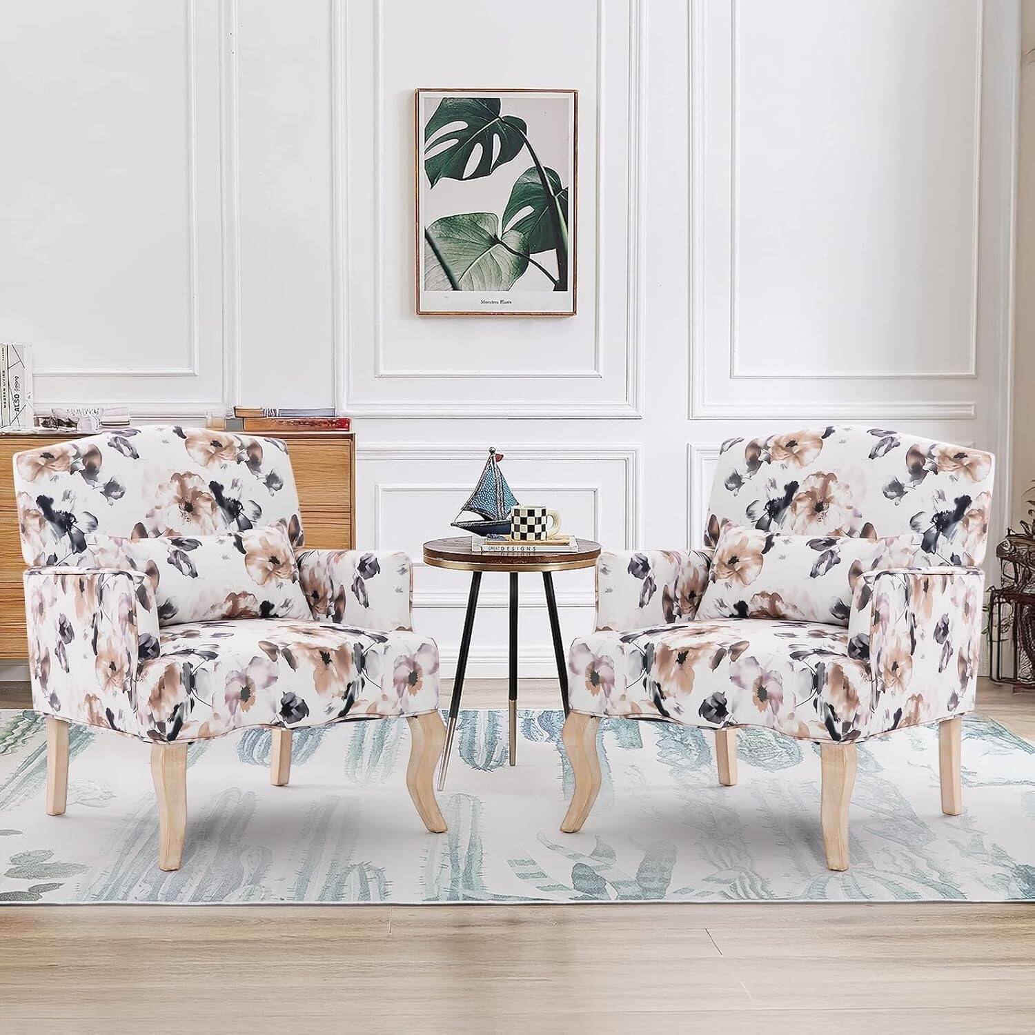 Left. U-HOMY - Mid-Century Accent Chair with Floral Fabric, Solid Wood Frame & High-Resilience Foam for Living Room - Purple.