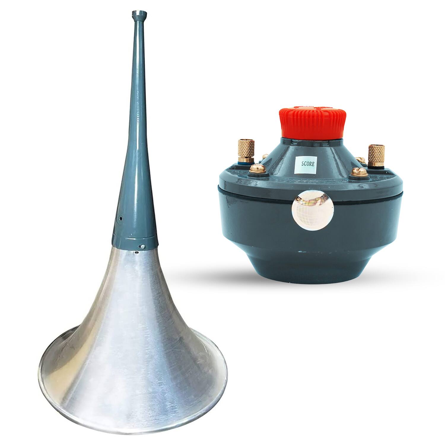 Front. 5 CORE - PA Horn Speaker 500W PMPO Compression Driver in 22 Inch Trumpet Throat Loud Audio System-TRUMPET 22 + DU50 - Silver.