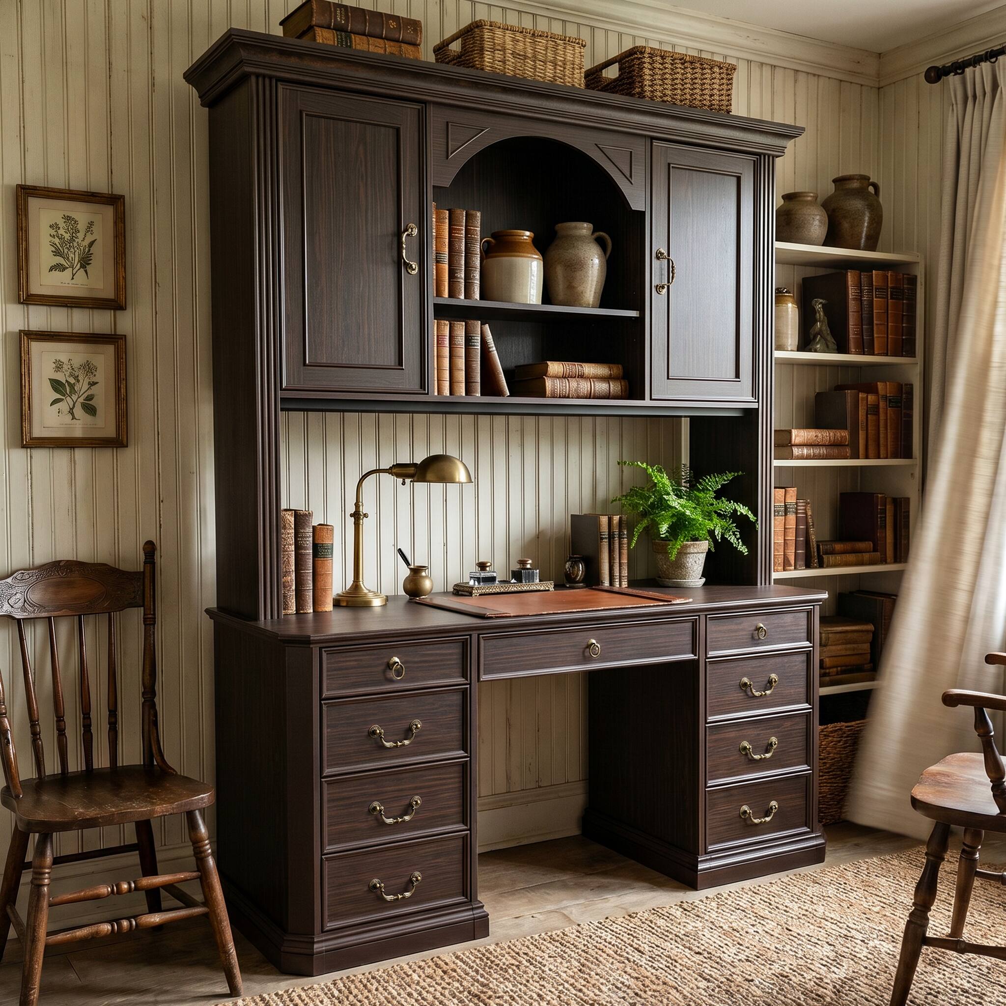 Alt View 1. Famapy - Bookcase Desk with Hutch & Drawers, Large Computer Desk with Arched Shelves for Home Library Student Writing Station - Dark Brown.