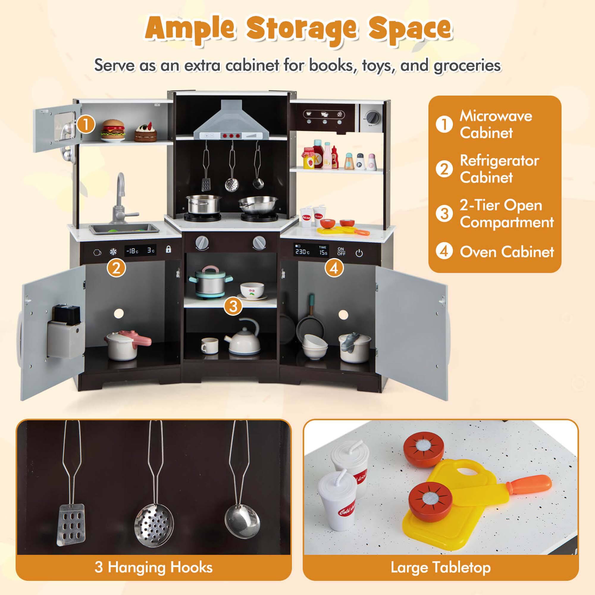 Ample Storage Space  
Serve as an extra cabinet for books, toys, and groceries  

1. Microwave Cabinet  
2. Refrigerator Cabinet  
3. 2-Tier Open Compartment  
4. Oven Cabinet  

3 Hanging Hooks  

Large Tabletop
