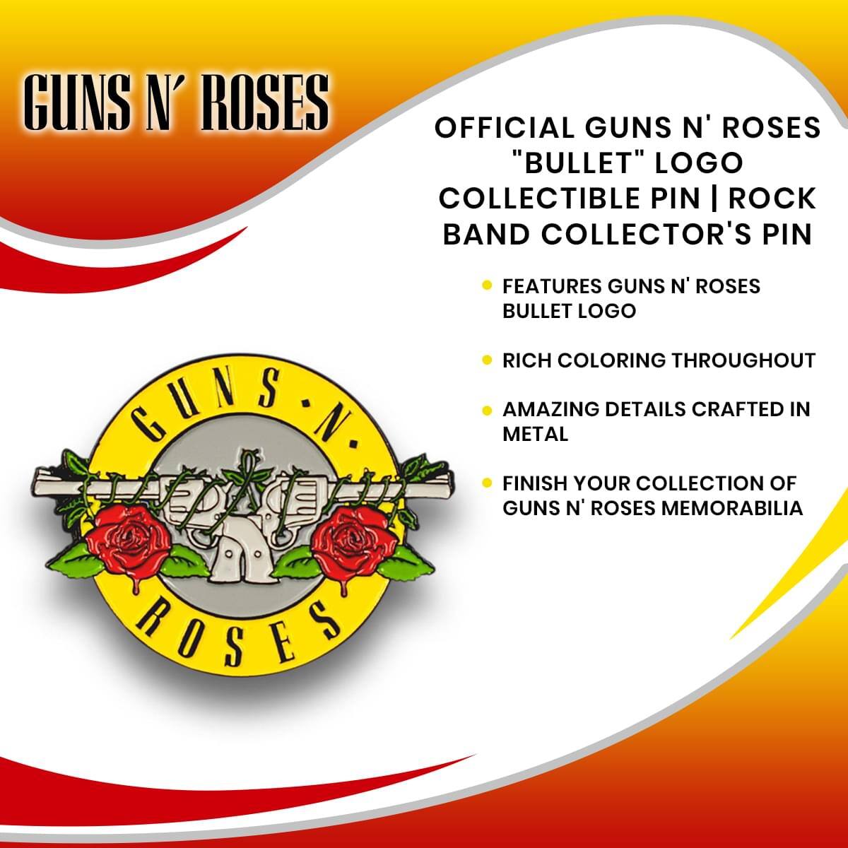 GUNS N' ROSES

OFFICIAL GUNS N' ROSES "BULLET" LOGO COLLECTIBLE PIN | ROCK BAND COLLECTOR'S PIN

- FEATURES GUNS N' ROSES BULLET LOGO
- RICH COLORING THROUGHOUT
- AMAZING DETAILS CRAFTED IN METAL
- FINISH YOUR COLLECTION OF GUNS N' ROSES MEMORABILIA