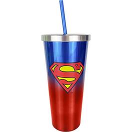 Spoontiques - DC Comics Superman Logo Double Wall Insulated Stainless Steel Tumbler Travel Cup with Straw 24 ounce - Multicolor