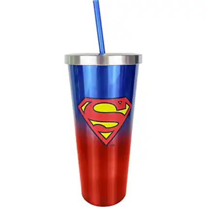 Front. Spoontiques - Spoontiques DC Comics Superman Logo Double Wall Insulated Stainless Steel Tumbler Travel Cup with Straw 24 ounce - Multicolor.
