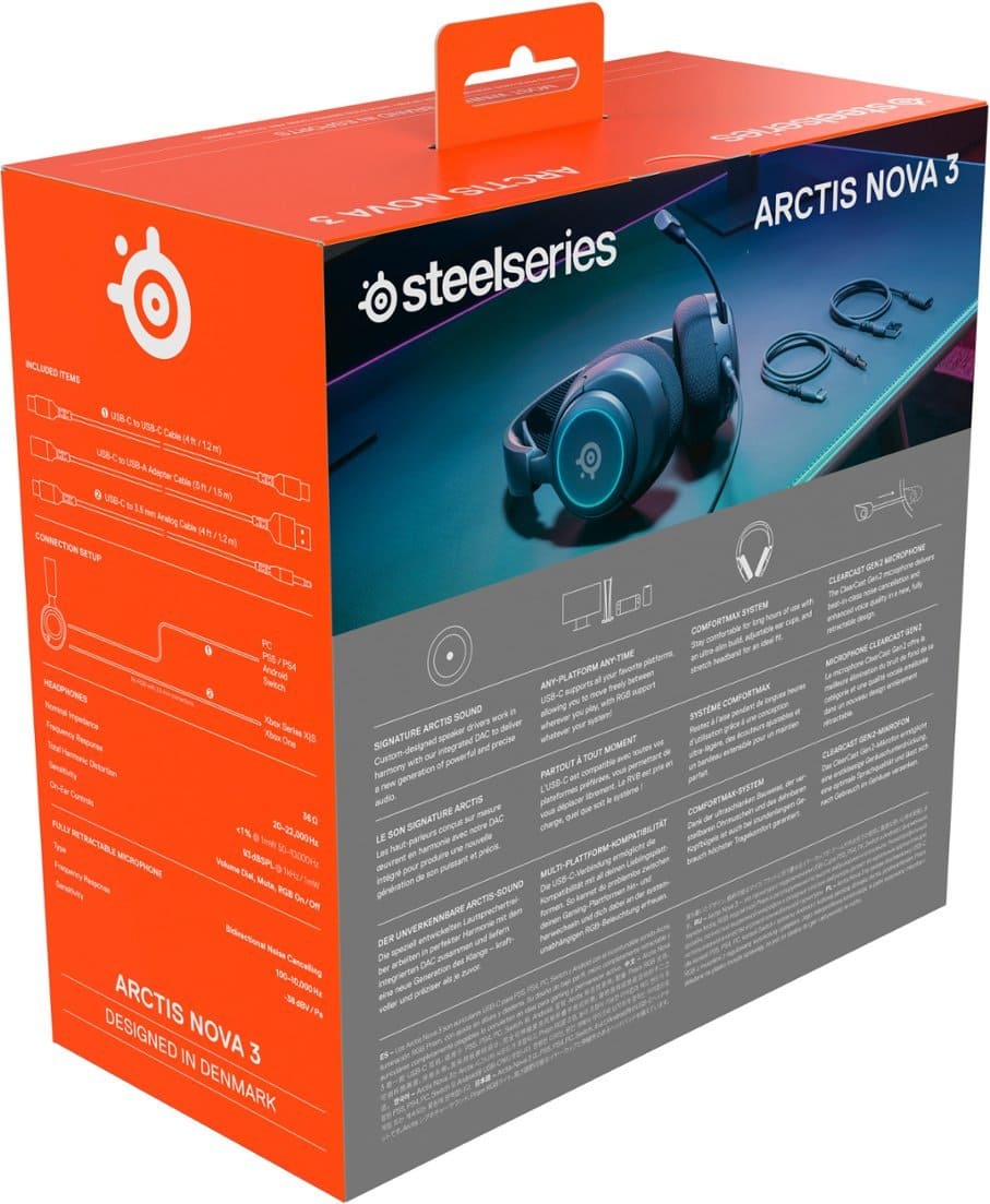 The box is for Arctis Nova 3, a product by Steelseries. The box contains a headset, a DAC, and a speaker. The headset is designed in Denmark and features a microphone and a clearcast speaker. The product is compatible with any platform and offers a comfortable fit. The box also includes a user manual and a warranty card.