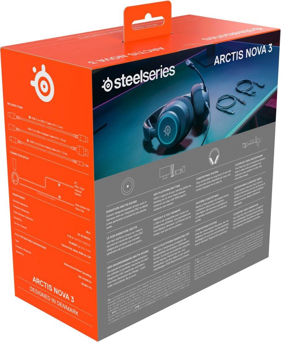 The box is for Arctis Nova 3, a product by Steelseries. The box contains a headset, a DAC, and a speaker. The headset is designed in Denmark and features a microphone and a clearcast speaker. The product is compatible with any platform and offers a comfortable fit. The box also includes a user manual and a warranty card.