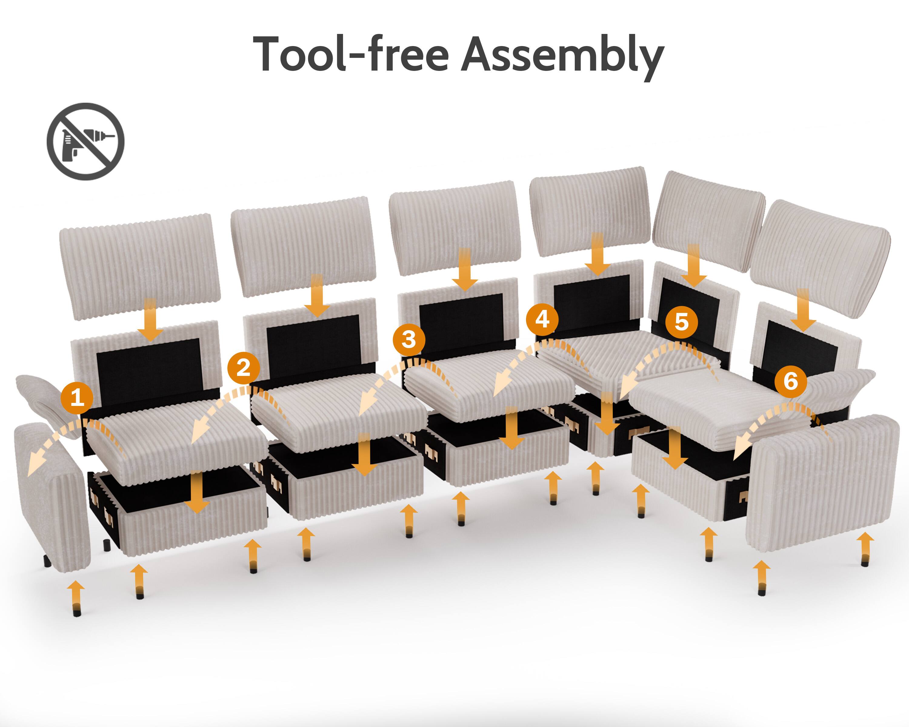 Tool-free Assembly

1. Base
2. Seat cushion
3. Backrest
4. Armrest
5. Headrest
6. Seat frame