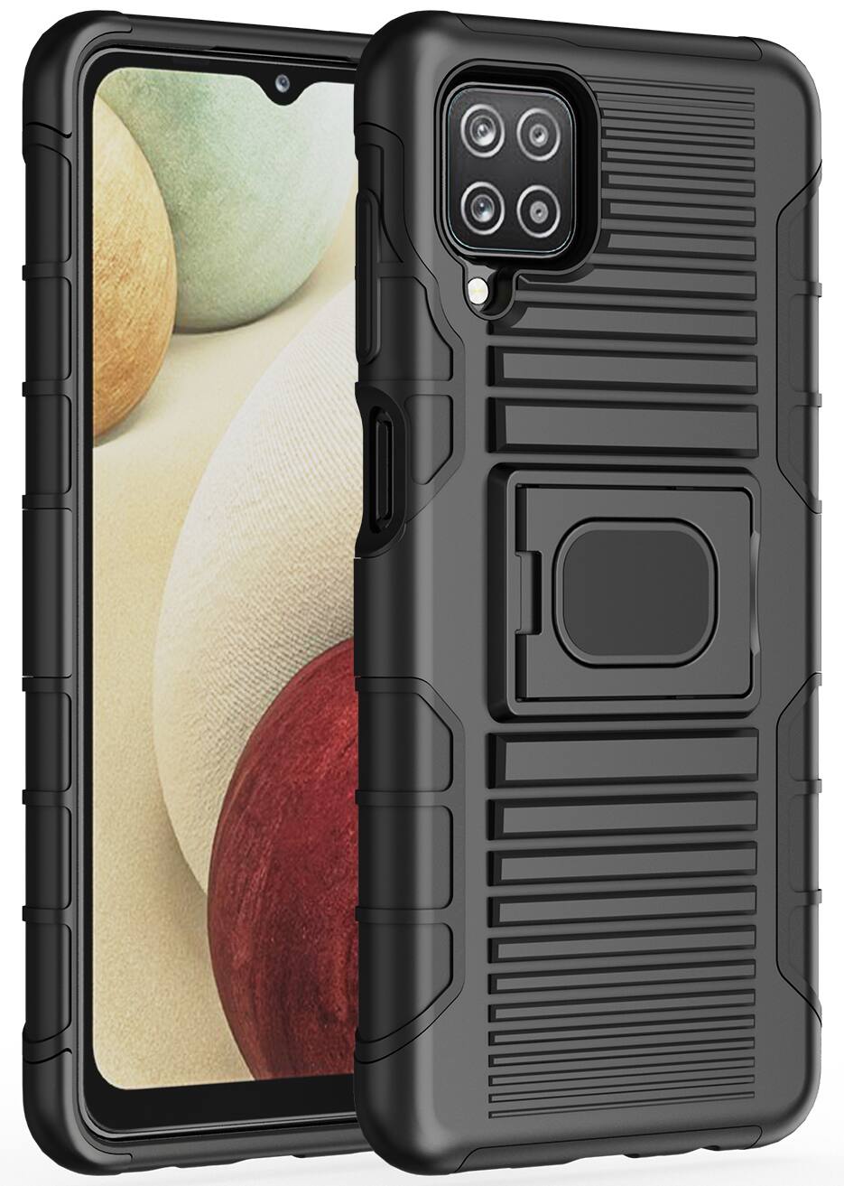 Front. Nakedcellphone - Case for Samsung Galaxy A12 - Rugged Hybrid Phone Cover with Stand - Screen Protector Included - Black.