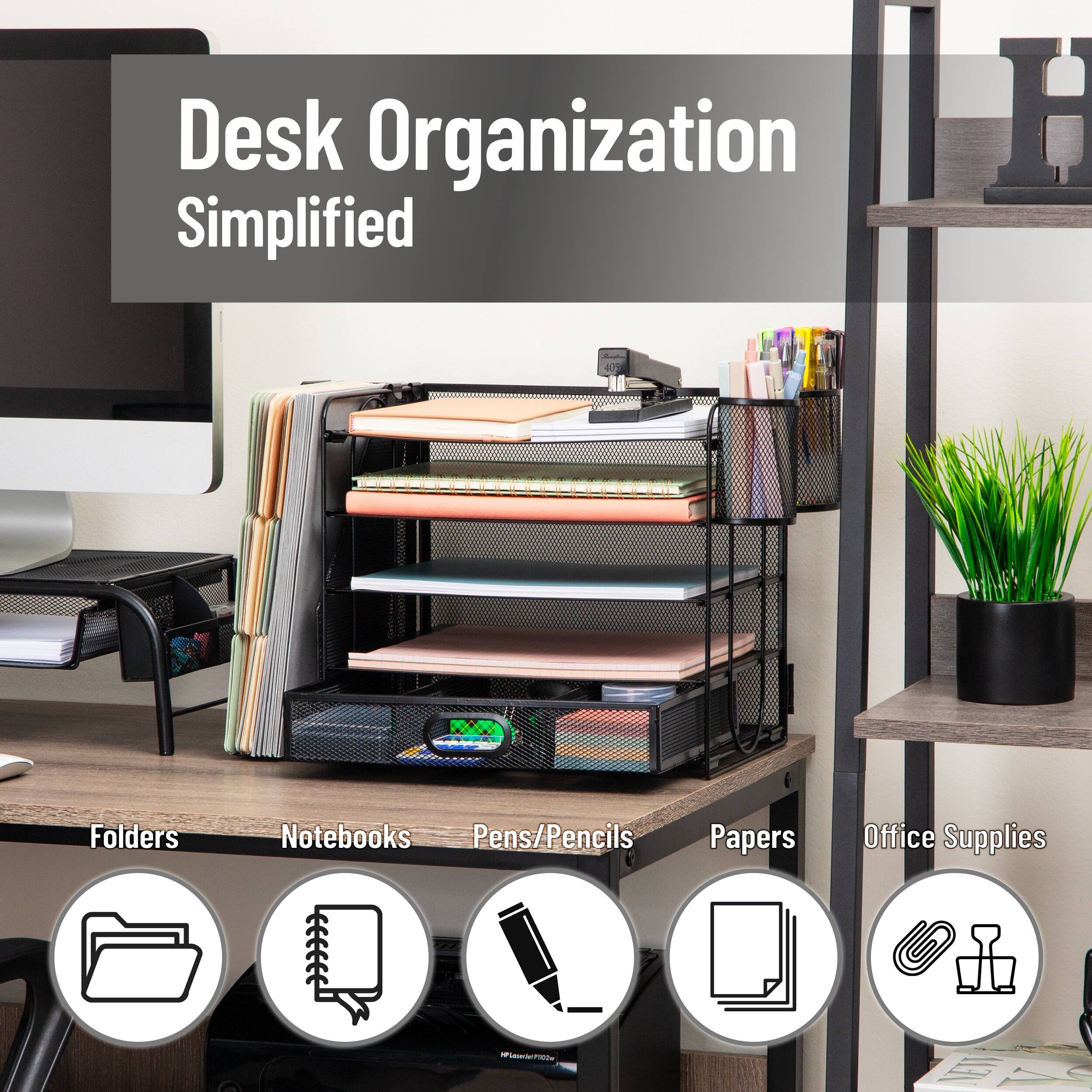 Desk Organization Simplified

Folders  
Notebooks  
Pens/Pencils  
Papers  
Office Supplies