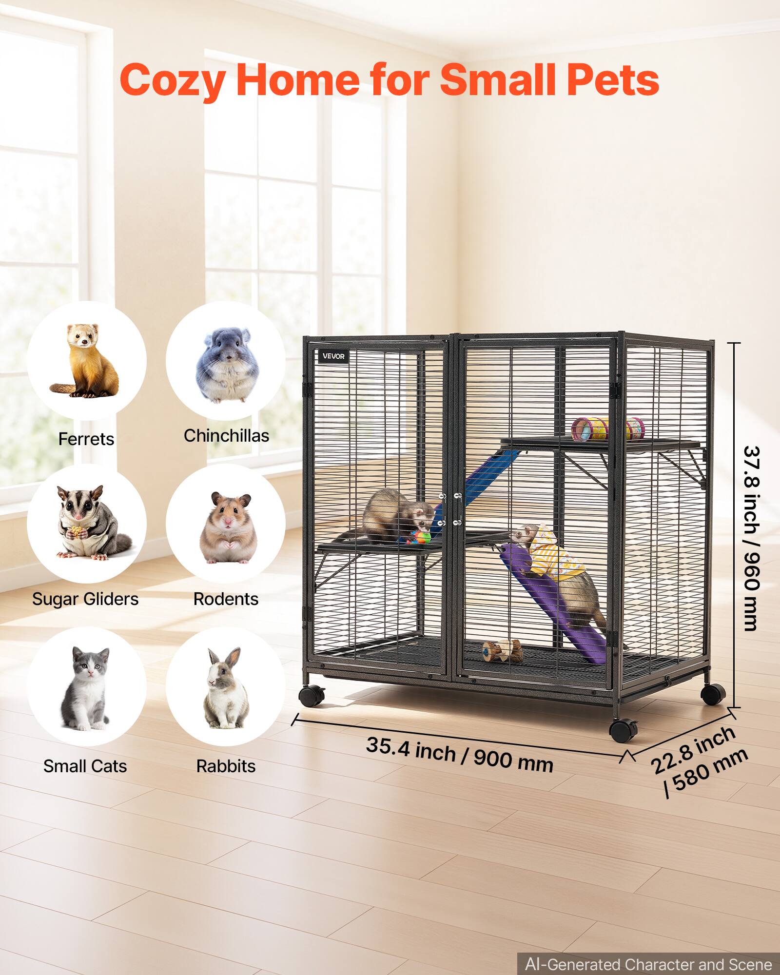 Cozy Home for Small Pets

VEVOR

Ferrets Sugar Gliders
Chinchillas Rodents
37.8 inch / 960 mm
Small Cats
Rabbits
35.4 inch / 900 mm
22.8 inch / 580 mm

AI-Generated Character and Scene