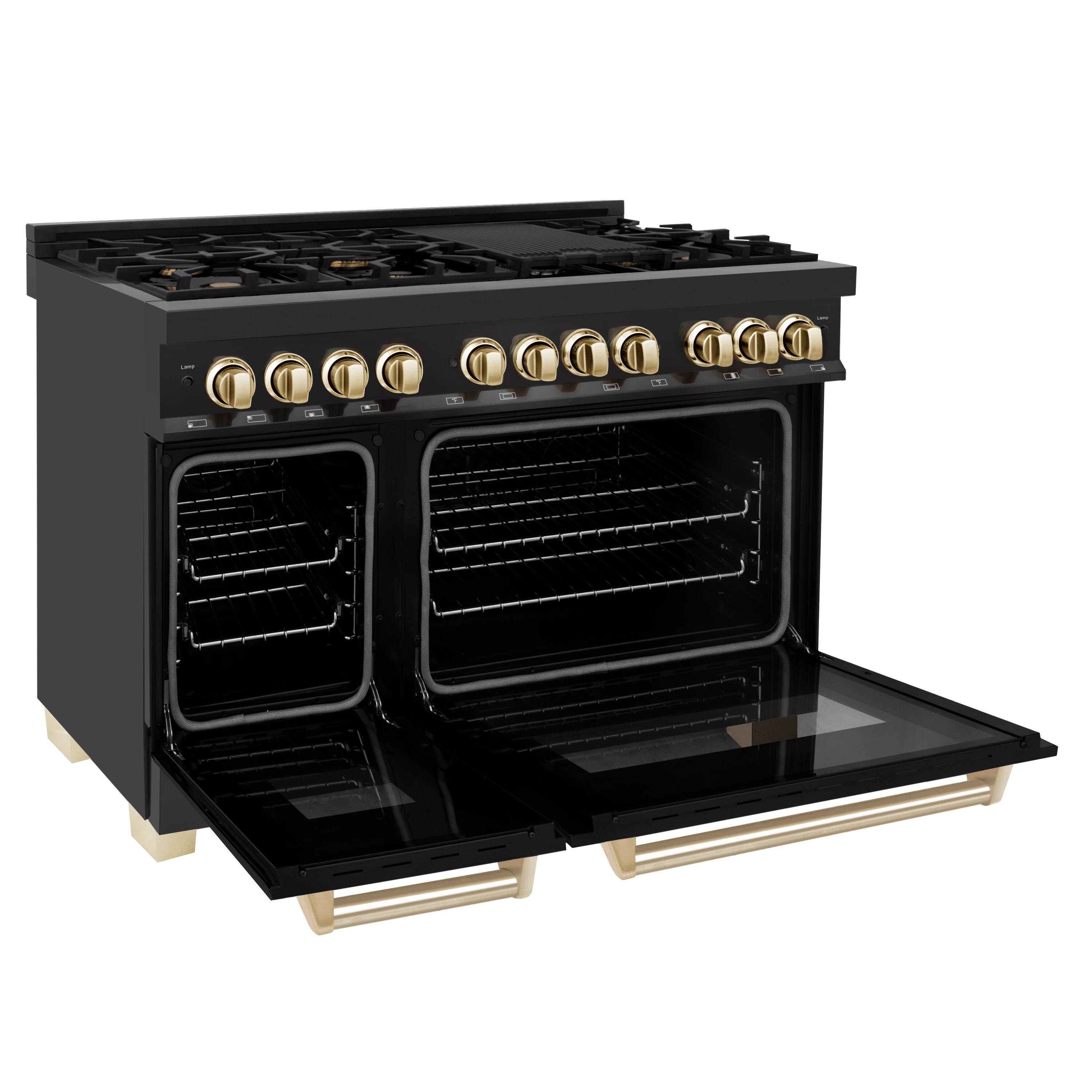 Left. ZLINE - Autograph 48" Legacy Dual Fuel Range with Gold Accents (RABZ-48-G) - Black.