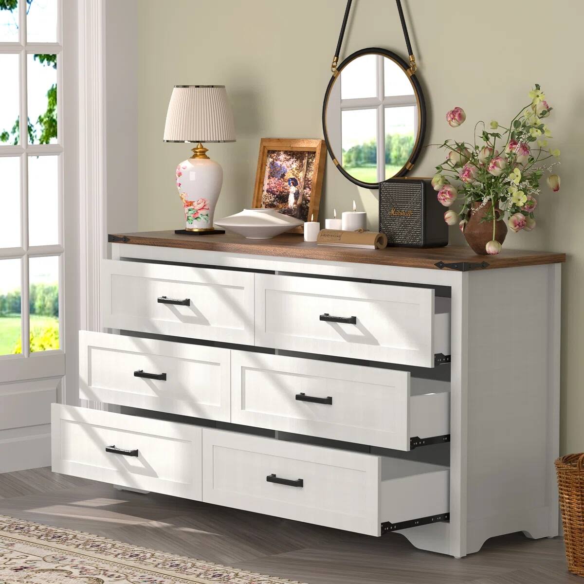 Left. Koligey - 6-Drawer Dresser 54"W Double Dresser With Rustic Top Panel - white.
