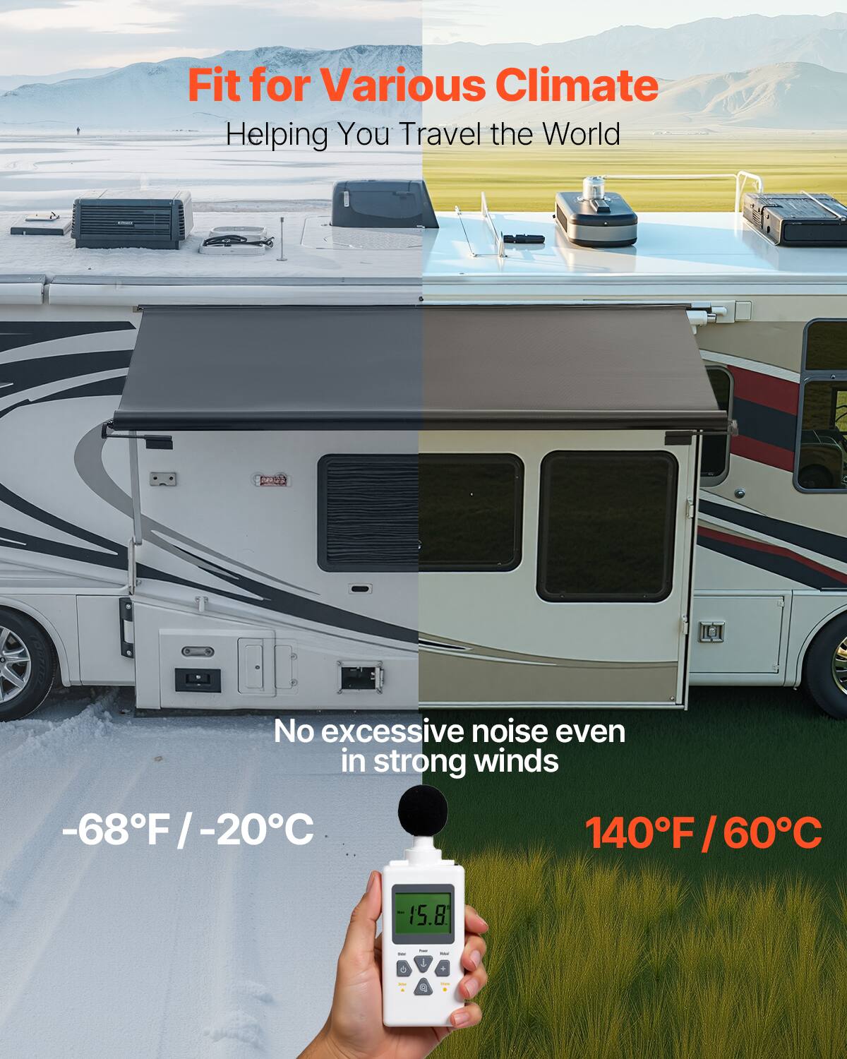 Fit for Various Climate  
Helping You Travel the World  

No excessive noise even in strong winds  

-68°F / -20°C  

140°F / 60°C  

15.8
