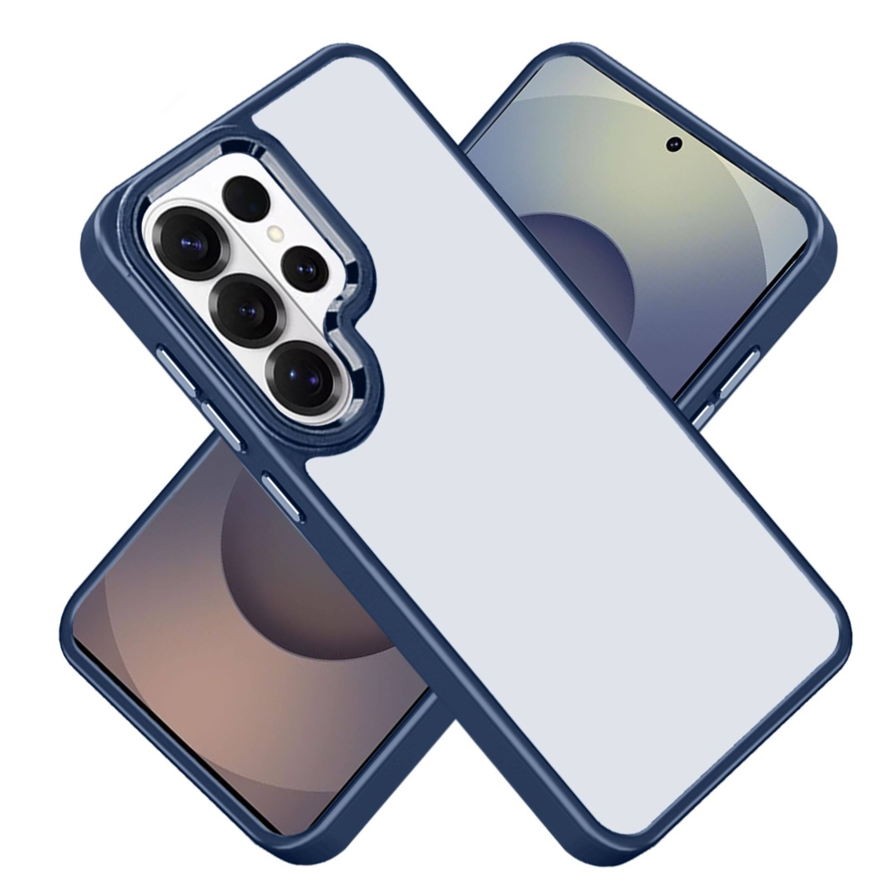 Left. Kitcheniva - Rugged Metallic Buttons Raised Lip Phone Case With Tempered Glass Samsung Galaxy S26 Ultra Blue - Blue.