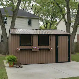 Anysun - 12x10 FT Outdoor Metal Storage Shed with 3 Clear Windows & Decorative Flower Rack – Lockable Single Door, Heavy Duty - Brown