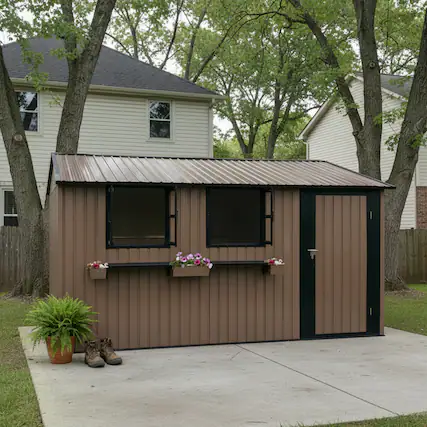 Front. Anysun - 12x10 FT Outdoor Metal Storage Shed with 3 Clear Windows & Decorative Flower Rack – Lockable Single Door, Heavy Duty - Brown.