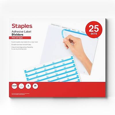 Staples Adhesive Label Dividers  
Pilot and Apply  

25 SETS  

Customizable clear labels for a clean look  
Durable and tear-resistant tabs  
Unpunched edge allows flexibility to use any binding style  

LETTER  
5 25