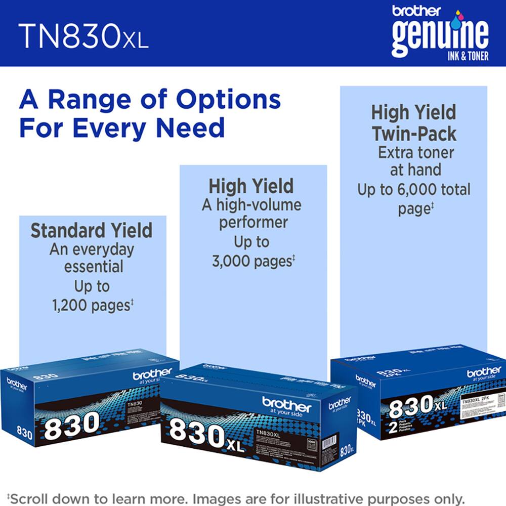 TN830XL

A Range of Options For Every Need

High Yield
A high-volume performer
Up to 3,000 pages*

Standard Yield
An everyday essential
Up to 1,200 pages*

High Yield Twin-Pack
Extra toner at hand
Up to 6,000 total pages*

brother genuine INK & TONER

TN830XL

830 XL

2PK

Scroll down to learn more. Images are for illustrative purposes only.