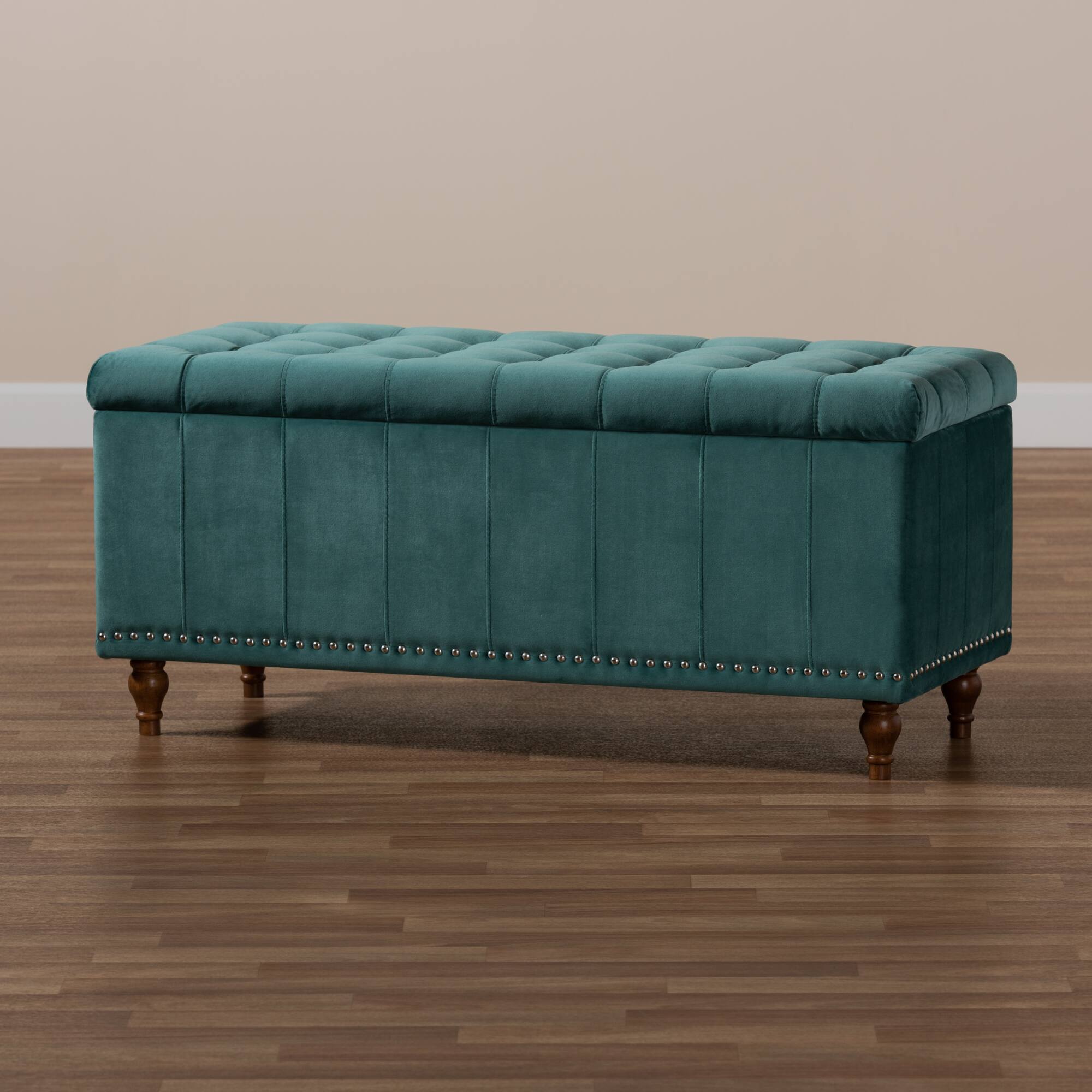Alt View 6. Baxton Studio - Kaylee Modern and Contemporary Velvet Fabric Upholstered Button-Tufted Storage Ottoman Bench - Teal Blue/Brown.
