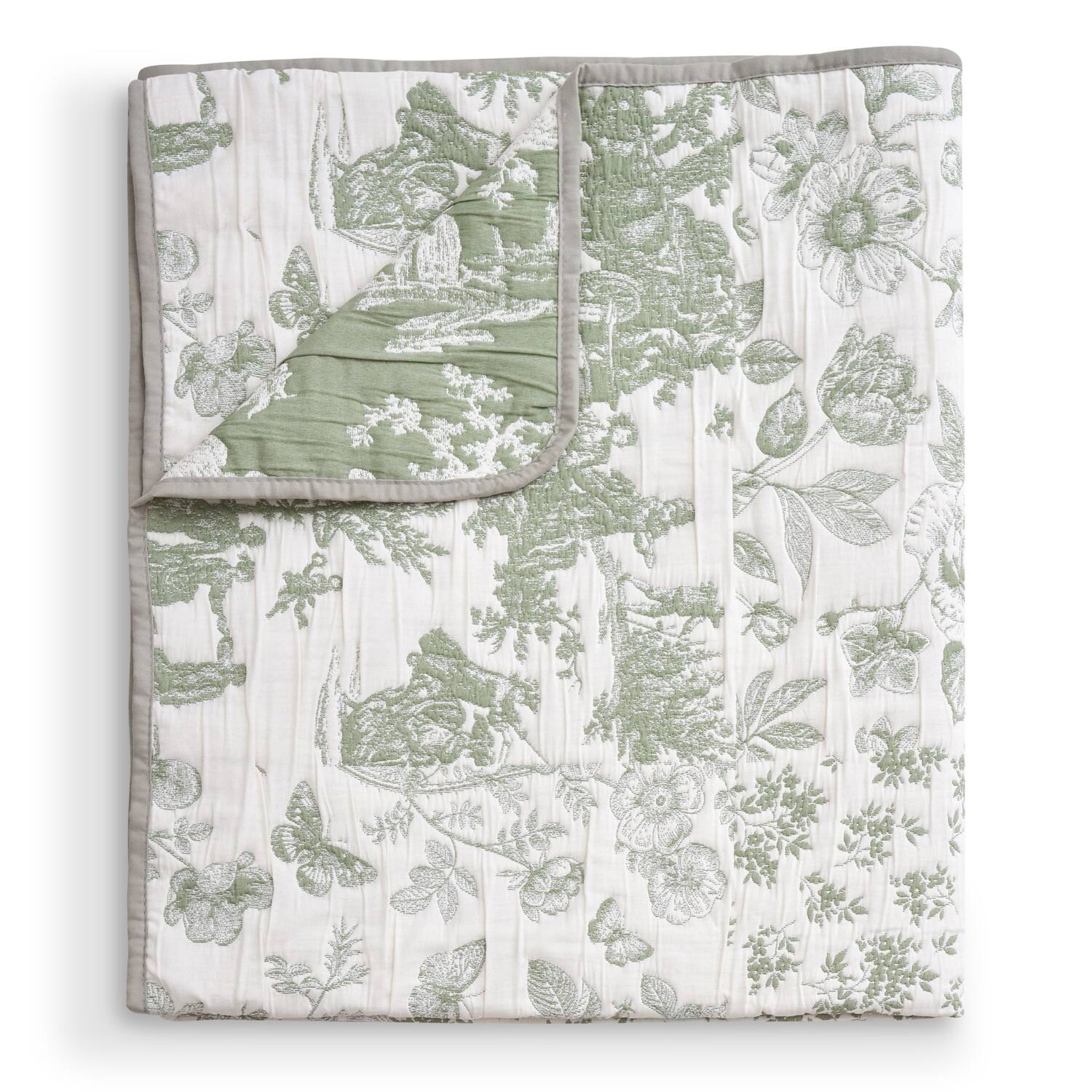 Angle. Greenland Home Fashions - Greenland Home Fashion Toile Patch 100% Jacquard Woven Polyester Reversible Accessory Throw Blanket 50" x 60" Sage - Sage.