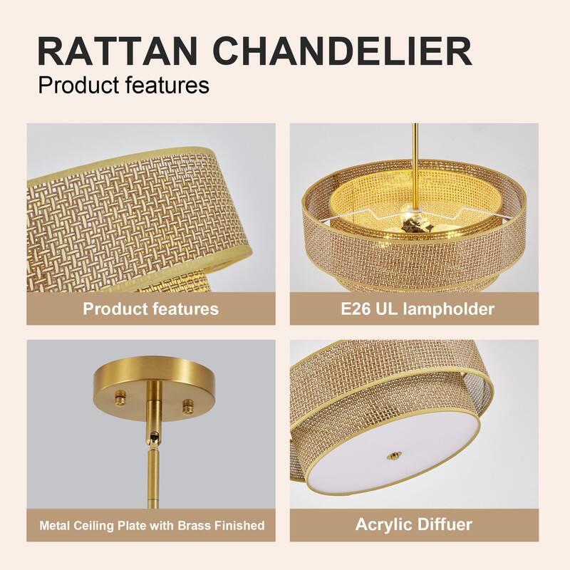 RATTAN CHANDELIER

Product features

- E26 UL lampholder
- Metal Ceiling Plate with Brass Finished
- Acrylic Diffuser
