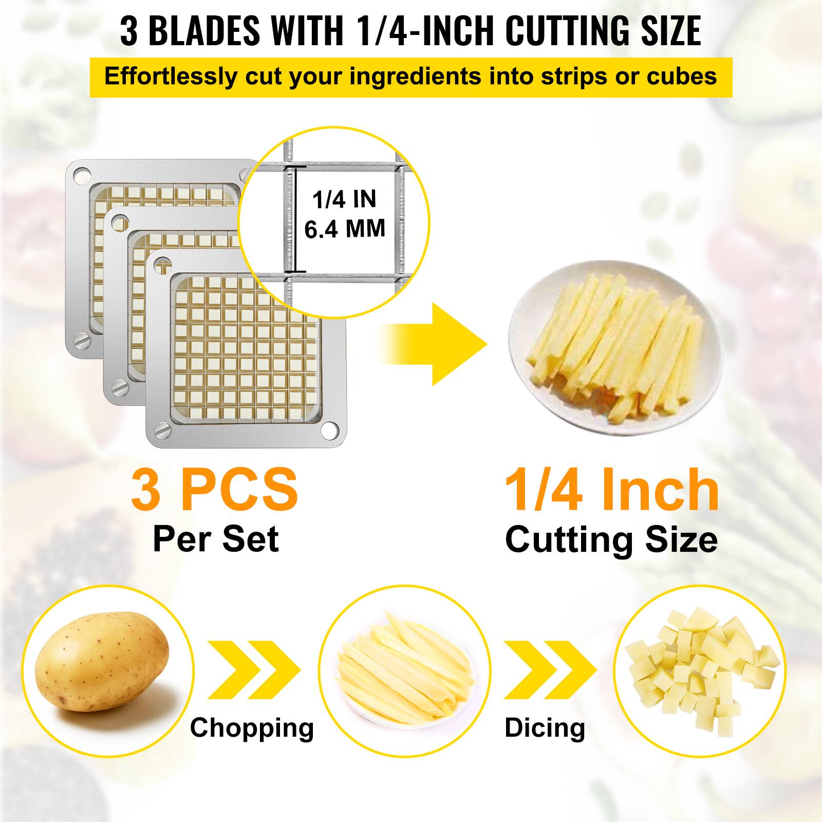 3 BLADES WITH 1/4-INCH CUTTING SIZE, Effortlessly cut your ingredients into strips or cubes, 1/4 IN 6.4, 3 PCS Per Set, 1/4 Inch Cutting Size, Chopping, Dicing
