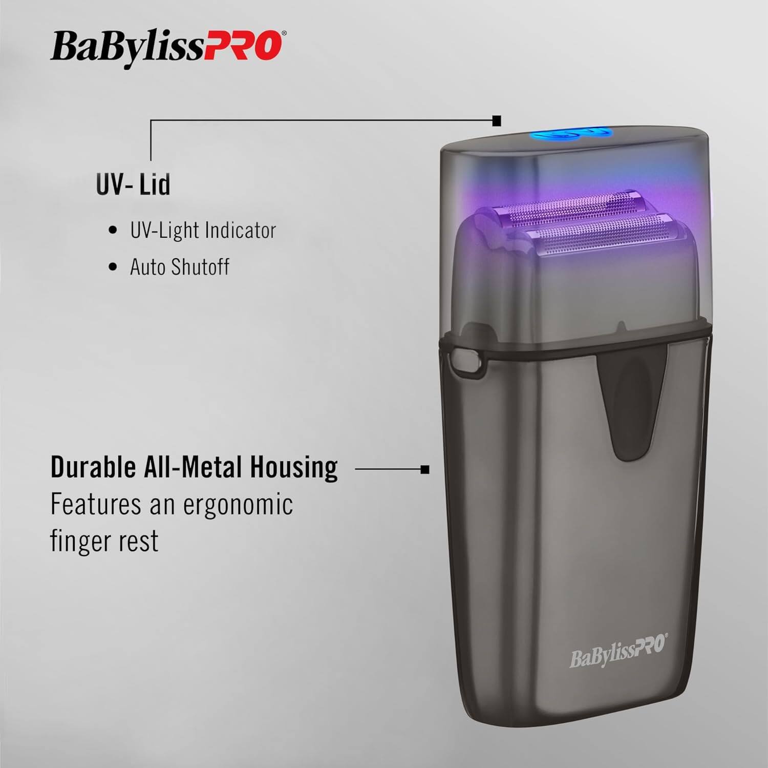BaBylissPRO UV-Lid UV-Light Indicator Auto Shutoff Durable All-Metal Housing Features an ergonomic finger rest
