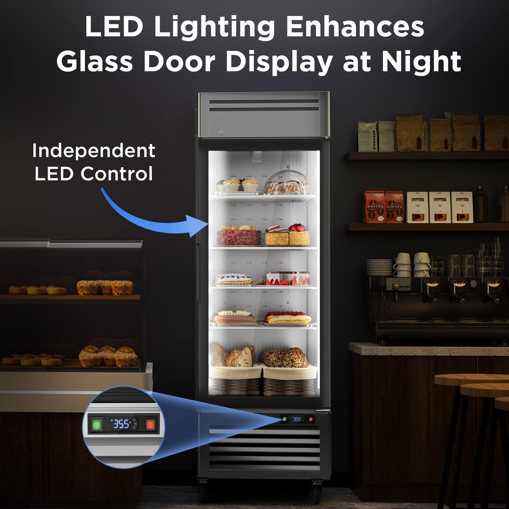 LED Lighting Enhances Glass Door Display at Night  
Independent LED Control