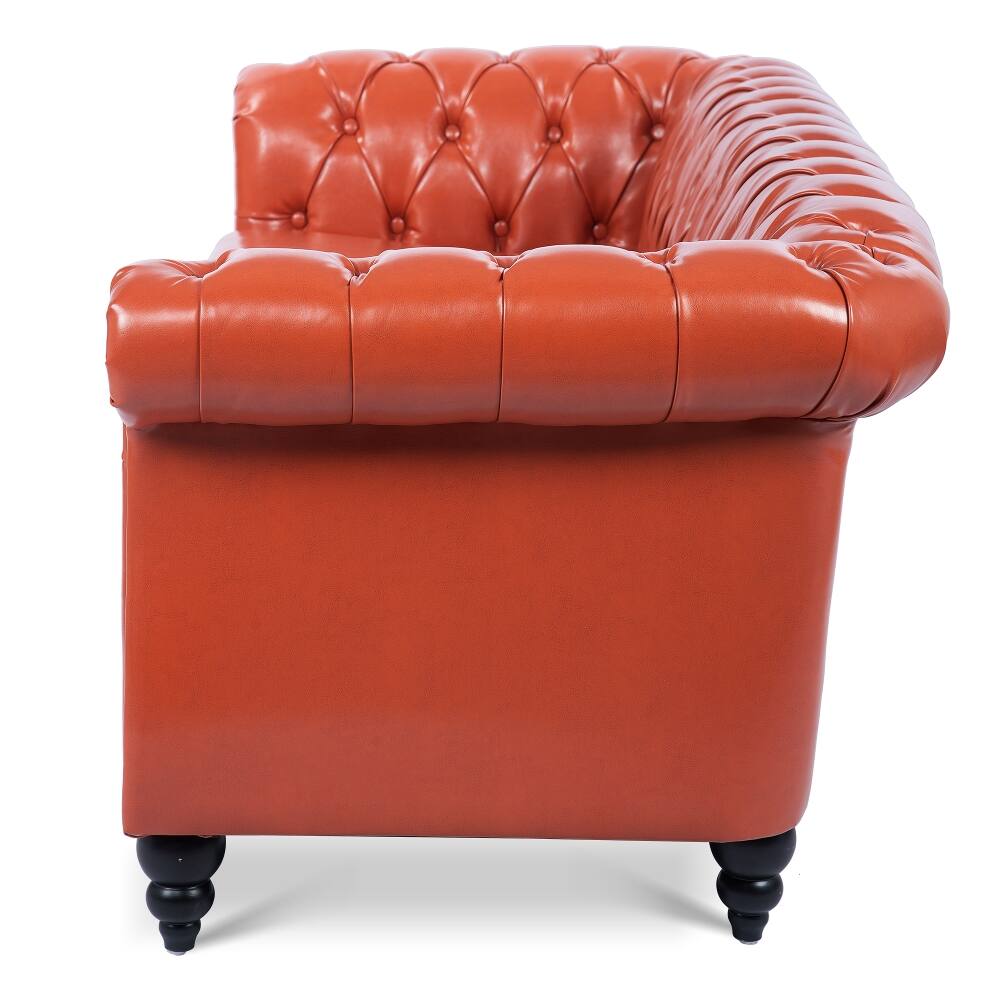 Alt View 2. Loheer - Loheer 84.65 Inch Rolled Arm Chesterfield 3 Seater Sofa PU Leather Couch Vintage Tufted Back Living Room Sofa - Brown.