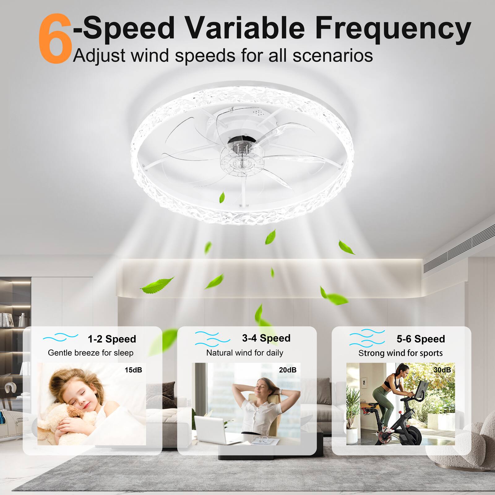 6-Speed Variable Frequency  
Adjust wind speeds for all scenarios  

1-2 Speed  
Gentle breeze for sleep  
15dB  

3-4 Speed  
Natural wind for daily  
20dB  

5-6 Speed  
Strong wind for sports  
30dB