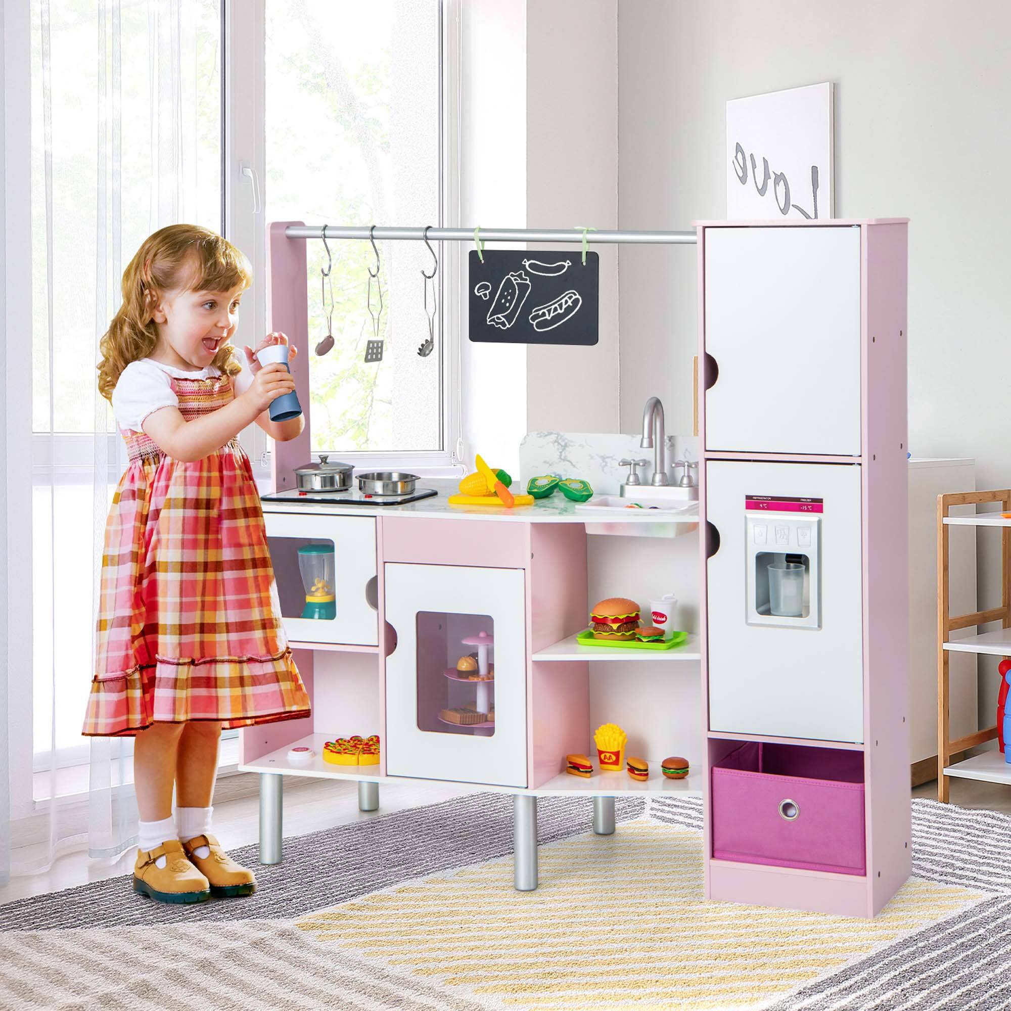 Alt View 3. Costway - Costway 2-in-1 Kids Kitchen & Market with Realistic Light & Sound 82 Accessories Included - Pink.