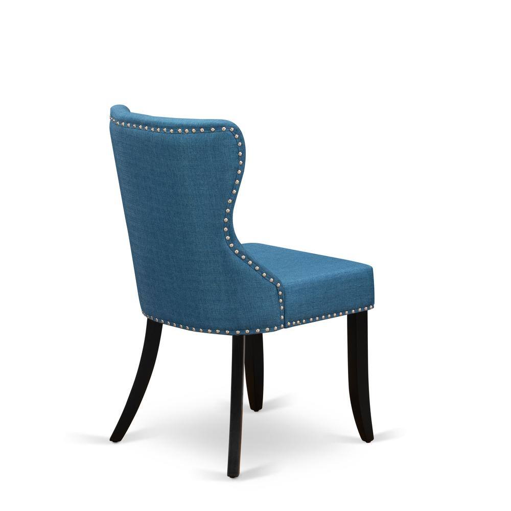 Alt View 3. East West Furniture - Set of 2 -Dinner Chairs Includes Black Wood Structure with Blue Linen Fabric Seat with Nail Head and Button Tufted Back - Black.