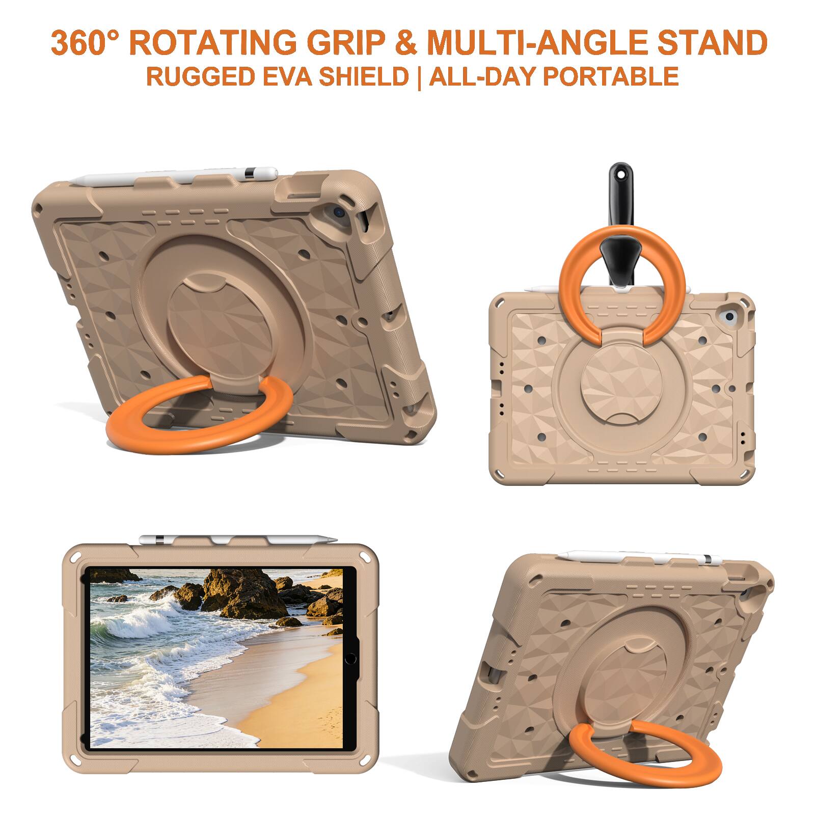 360° ROTATING GRIP & MULTI-ANGLE STAND  
RUGGED EVA SHIELD | ALL-DAY PORTABLE