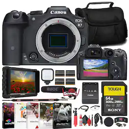 Canon - EOS R7 Mirrorless Camera + 4K Monitor + Mic + 64GB TOUGH Card + Bag + More