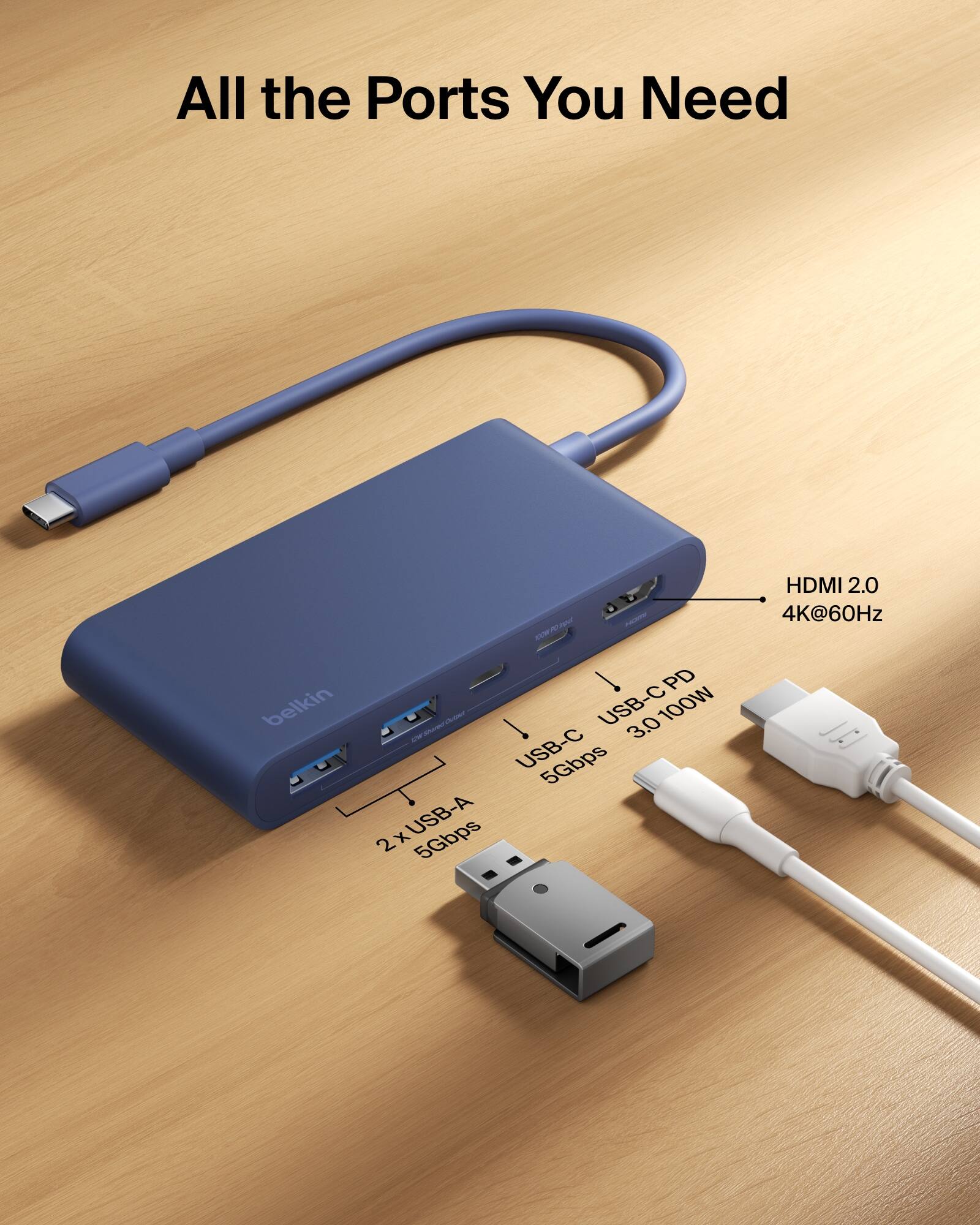 All the Ports You Need

belkin
> ingur T PD Changer USB-C 3.0 100W 100mg USB-C 5Gbps x USB-A 5Gbps 2 HDMI 2.0 4K@60Hz