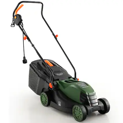 Front. SKONYON - Corded Electric Lawn Mower with 13.5 Inch Cutting Width Adjustable Height and 9 Gal Collection Bag - Green.