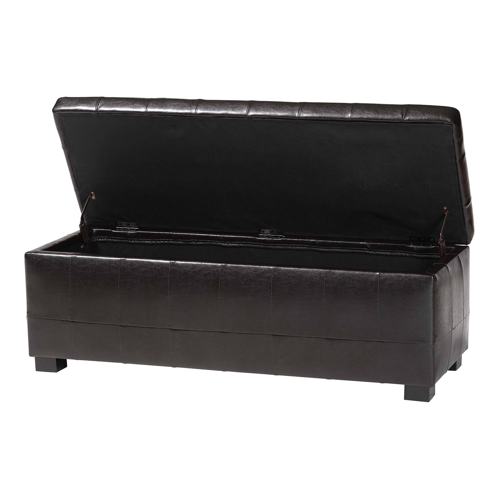 Angle. Baxton Studio - Full Leather Storage Bench Ottoman With Dimples - Dark Brown.
