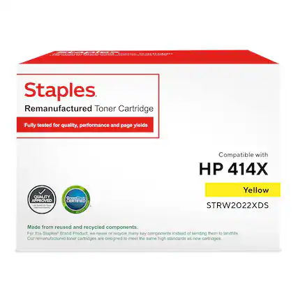 tapies oerimeicnmes | - aia aa adda Staples Remanufactured Toner Cartridge Fully tested for quality, performance and page yields Compatible with HP 414X SOLSTION De Yellow QUALITY GreenCircle APPROVED CERTIFIED Las noo Seutain Gnemaity - Purgm NC CONLY PETTEES STRW2022XDS RICrCLD Made from reused and recycled components. For this Staples* Brand Product, we reuse or recycle many key components instead of sending them to landfills. Our remanufactured toner cartridges are designed to meet the same high standards as new cartridges.